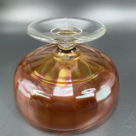 Vintage Carnival Glass Footed Dish Bowl Compote With Iridescent Finish Amber VTG - Picture 10 of 13